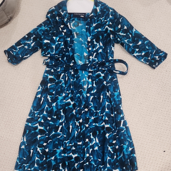 how do samantha sung dresses fit Samantha Sung Fit & Flare Dress Aqua Feather Print Stretch Cotton Size 6